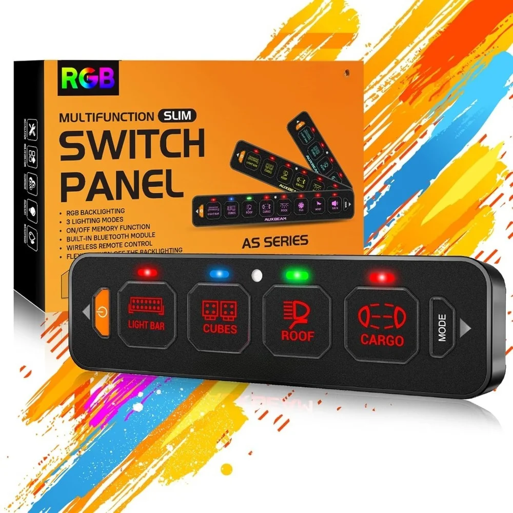 Slim 4 Gang RGB Switch Panel AS-R40 Automatic Dimming Toggle Momentary Pulsed Off Backlight for Truck Offroad Boat