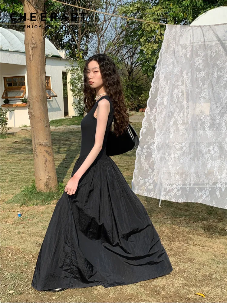 CHEERART Herben Black Long Maxi Dress For Women Summer 2023 Swing Tunics Knitted Patchwork Fashion New In Dresses