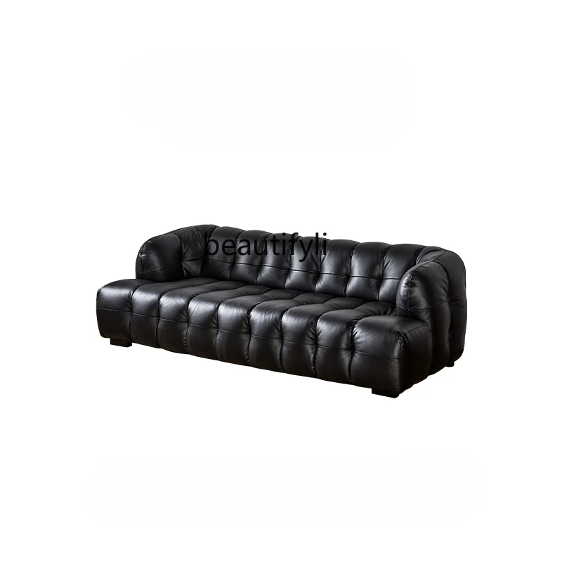 Mid-Ancient Leather Cotton Candy Sofa Living Room Straight Row Small Apartment First Layer Cowhide Black Double Sofa