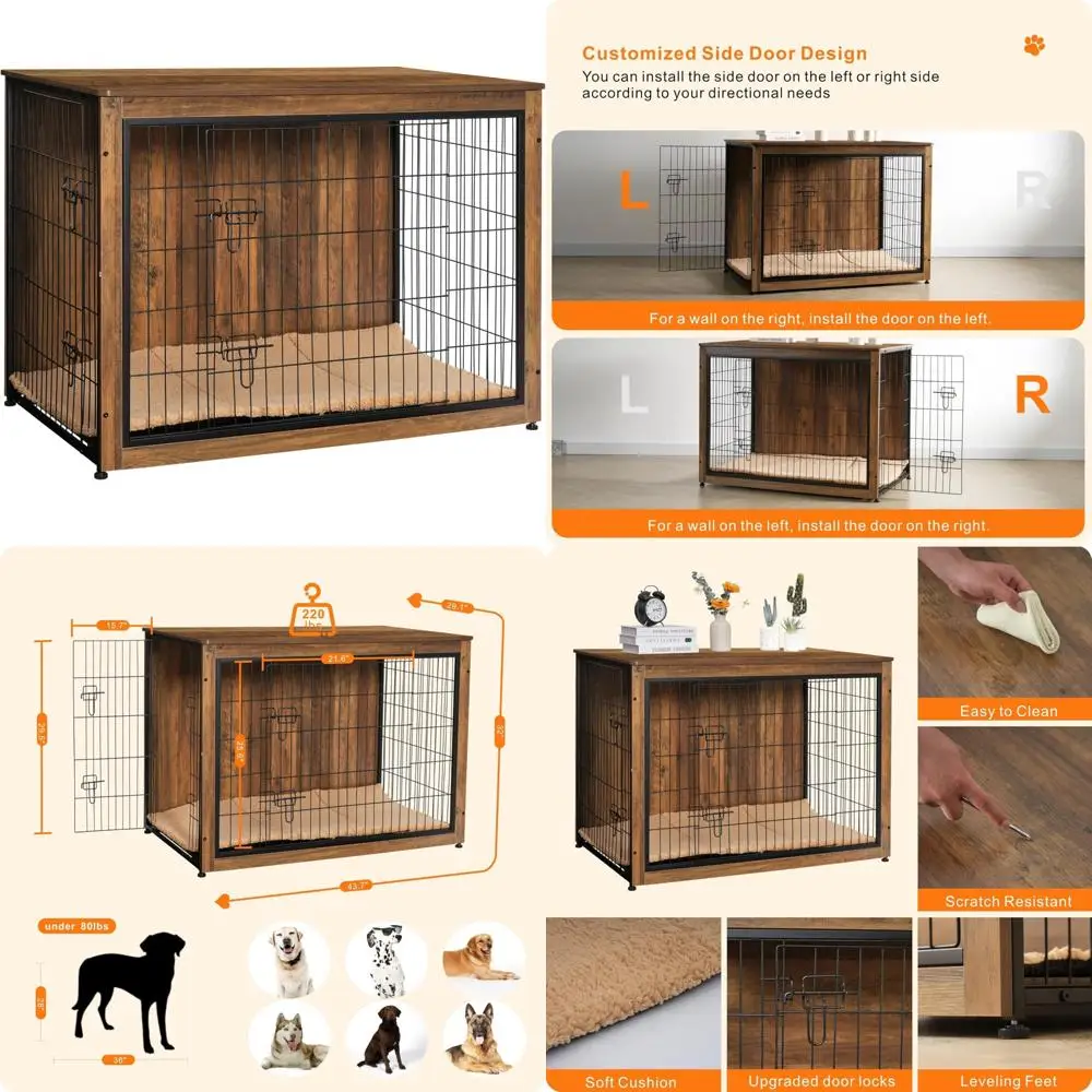

Extra Large DWANTON Wooden Dog Crate with Cushion and Double Doors, Indoor Dog House, 43.3 L, Warm Brown