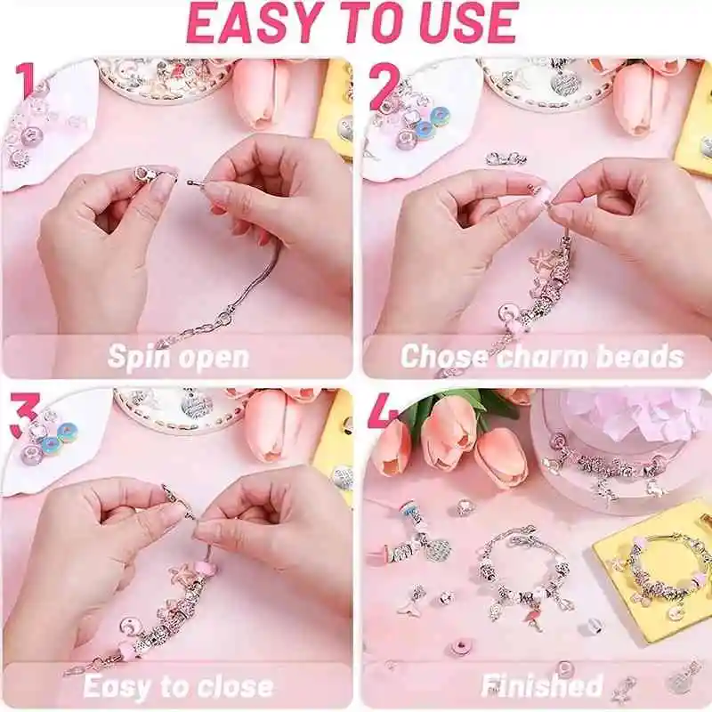 Children Charm Jewelry Making Kit Creative DIY Colorful Beaded Bracelet Handmade Crystal Jewelry Kids Bracelet Pink Gift Box Set