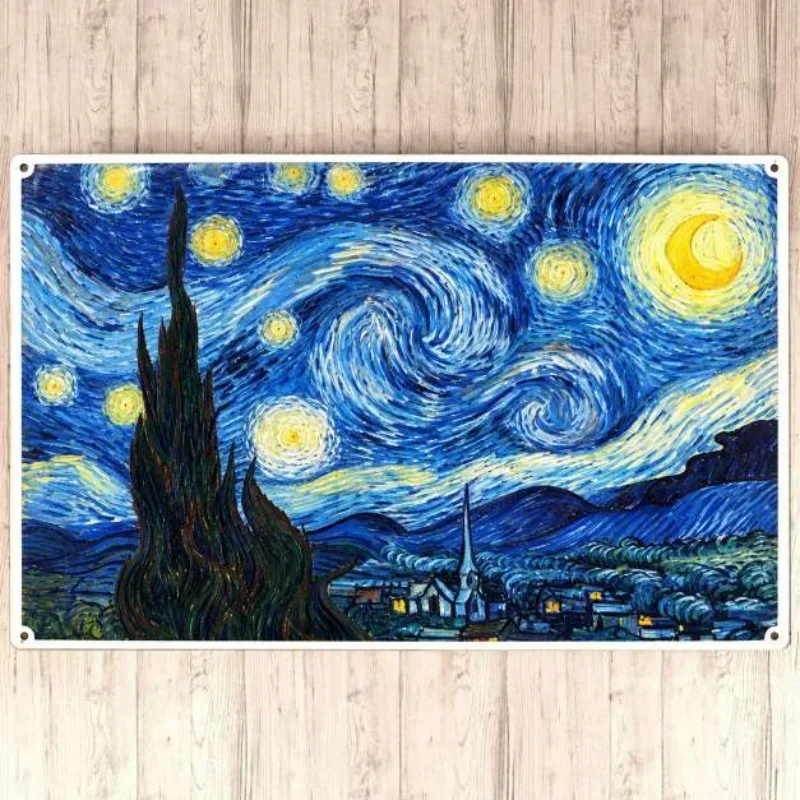 Wall Decor HD Metal Tin Sign 20x30cm Impressionist Sunflower House Village Figure Moon Starry Sky Home Decor
