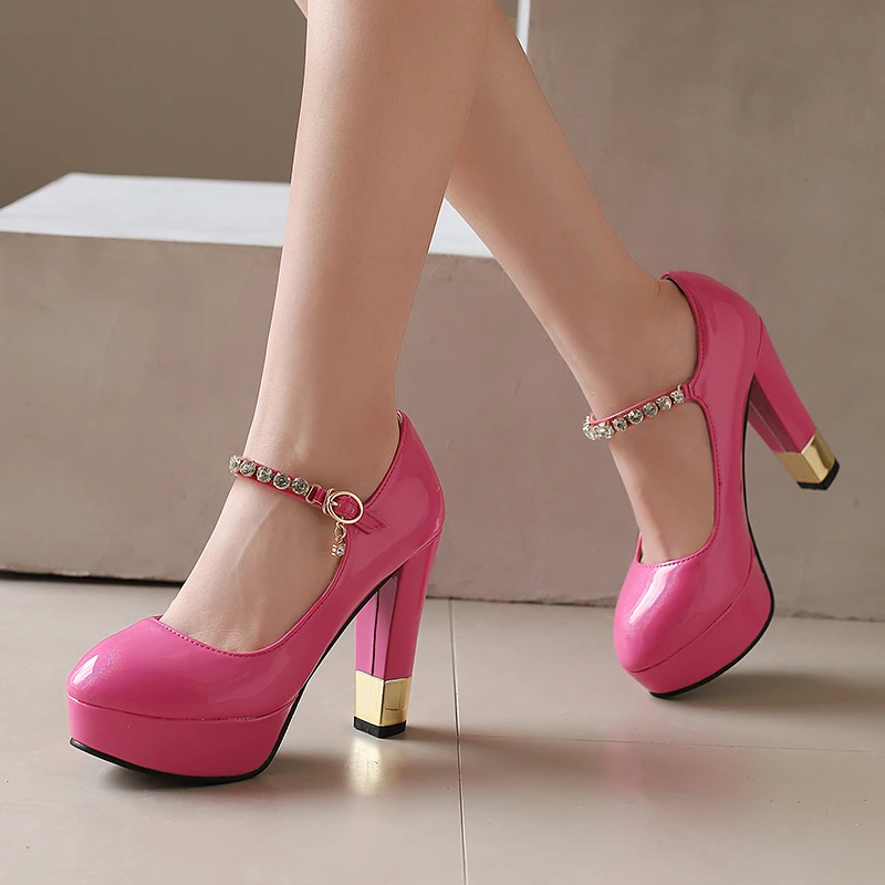 Plus Size Ankle Metal Rhinestones Decorated With Cute Sweet High Heels Platform Ultra-High Thick Heels Mary Jane Shoes