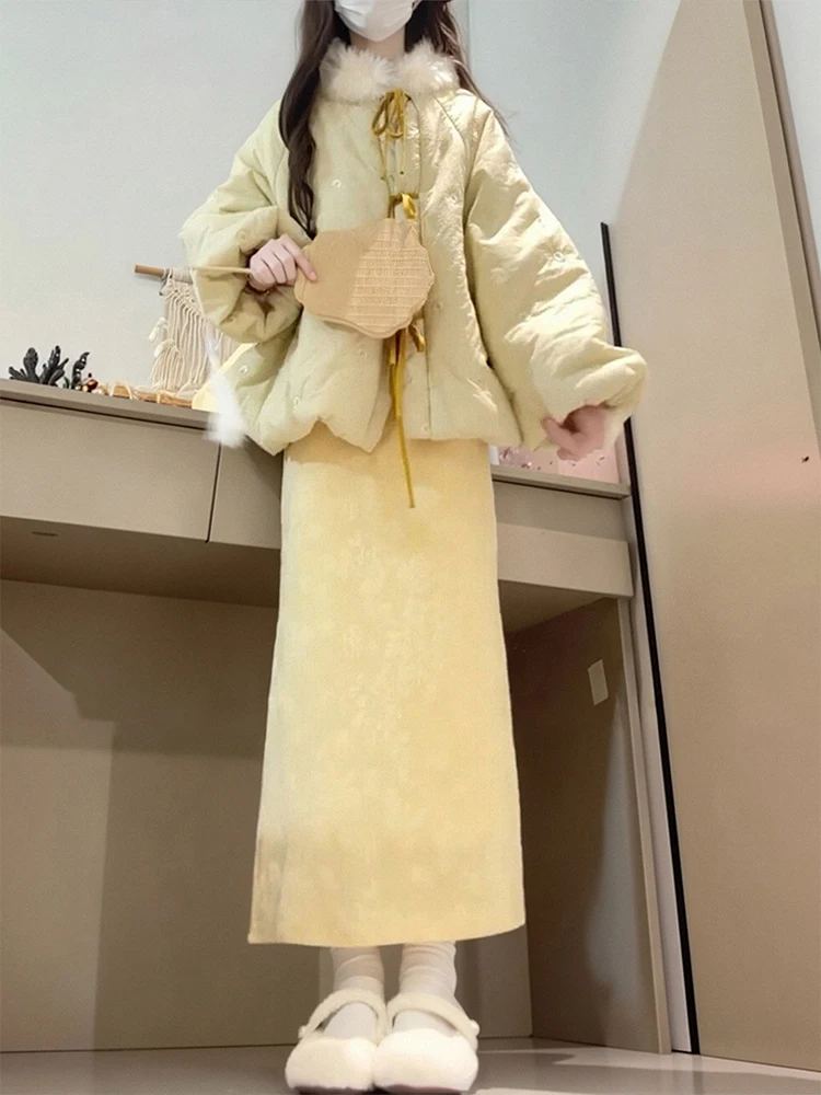 새로운 중국 스타일 겨울 패션 세트, 자수 면 재킷 치파오 드레스 투피스 수트, 따뜻한 플루드 디자인