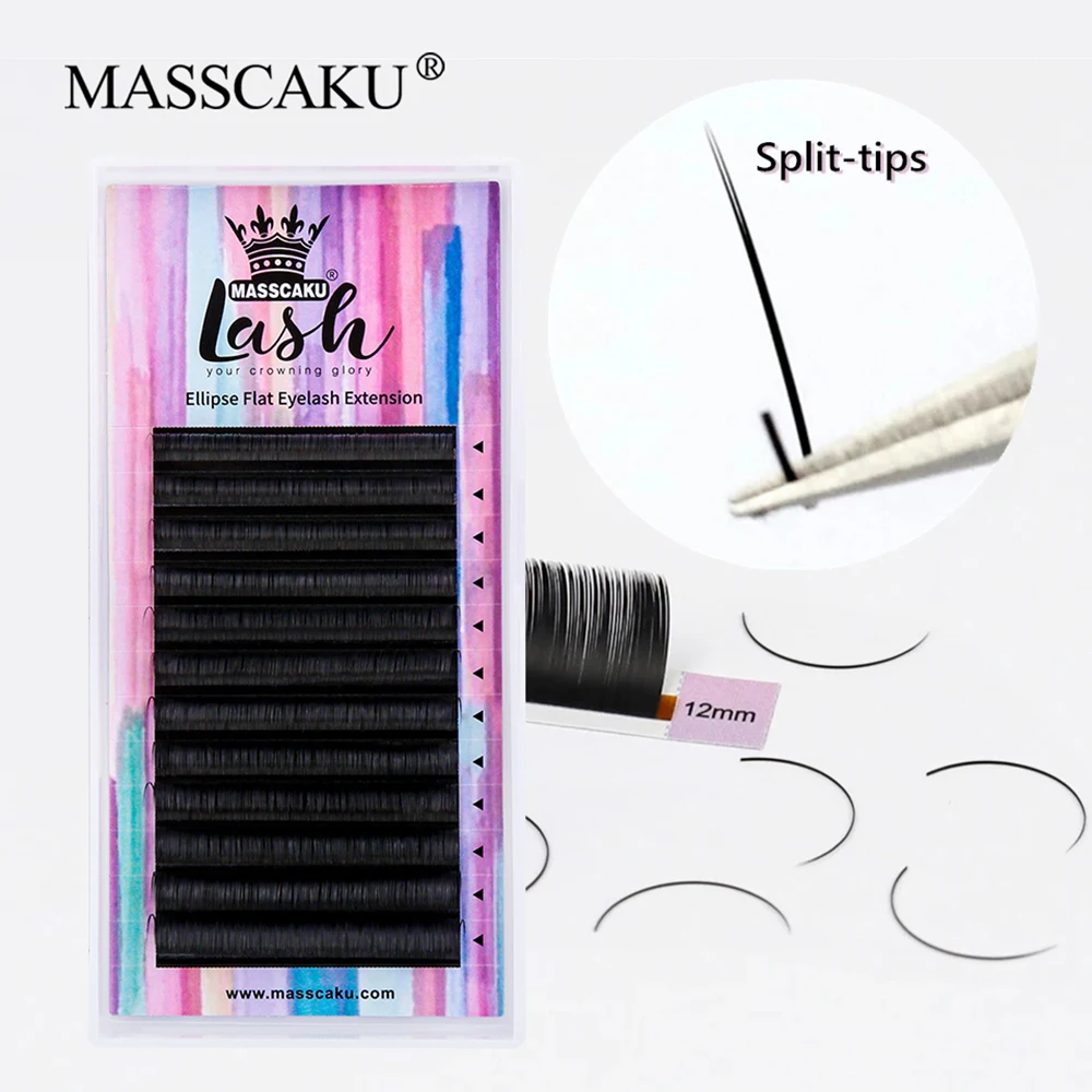 

Customized Private Logo Fluffy Synthetic Hair Ellipse Flat Eyelash Matte Deep Black Double Split Tips Shaped Lashes by MASSCAKU