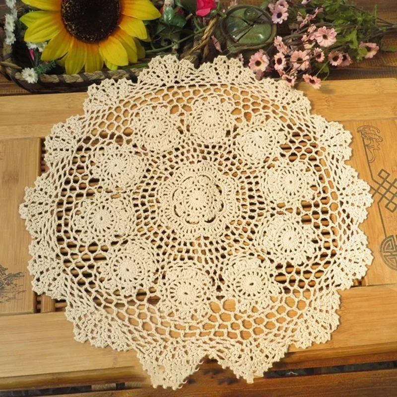 Accessory Decoration Stylish Table Mat Handmade Beige Crochet Flower Hollow Home Kitchen Living Room Retro 40cm