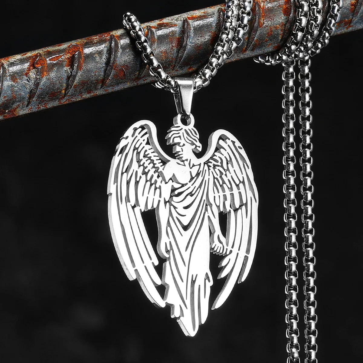 Fallen Angel Hollow Men Necklaces Stainless Steel Pendant Sweater Chain Women Punk Fashion Jewelry Accessories Gifts Wholesale