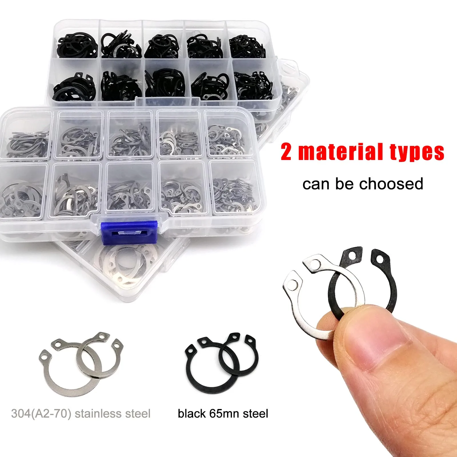 250 pcs/box C 유형 외부 Circlip 클립 스냅 링 믹스 M6 ~ M15 키트 세트 샤프트 베어링 유지 스테인레스 스틸 블랙 65mn