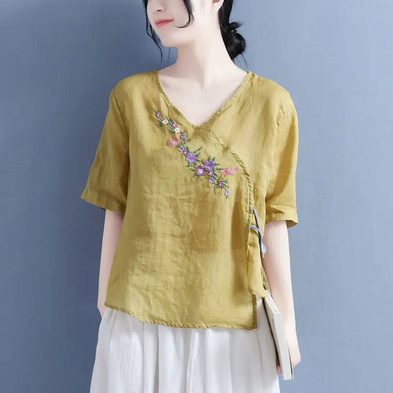 Summer Vintage Cotton Linen Short Sleeve Blouse Women Olive Wood Button Embroidery Ethnic V Neck T Shirts Hanfu Tops CN-244