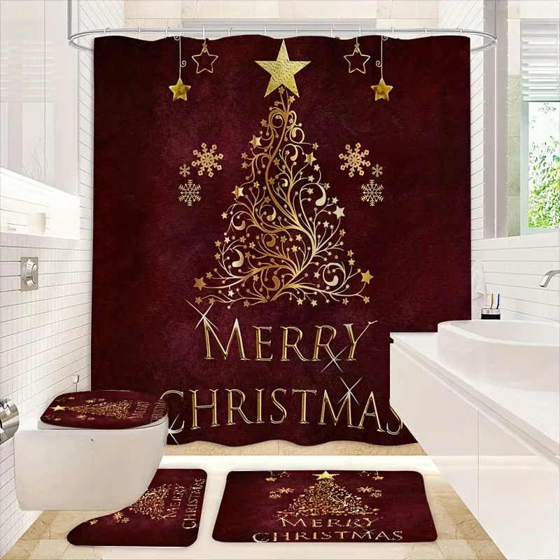 1/4pcs Waterproof Multifunctional Christmas Tree Red Festive Bathroom Set with Non Slip Floor Mat, 12 Hooks, U-shaped Mat, Lid M