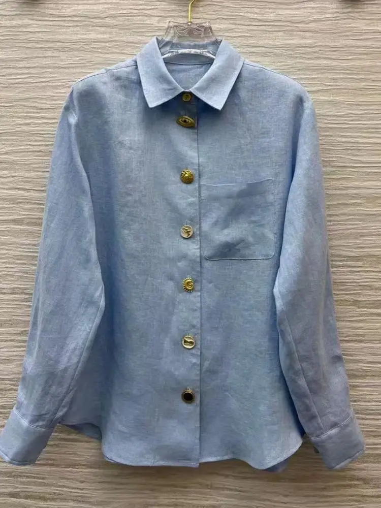 

2025 High-End Cotton Linen Shirt Women New Fashion Solid Front Pocket Lapel Long Sleeve Gold Buttons Loose Casual Blouse