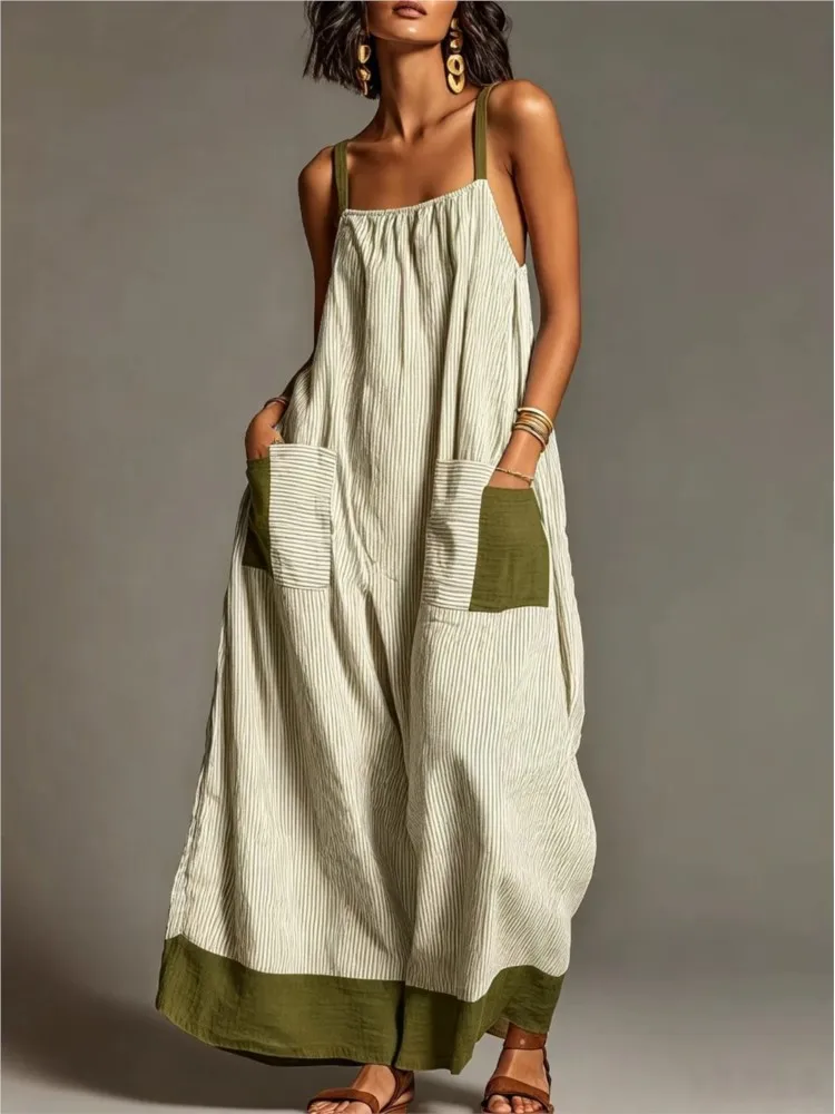Women Casual Loose Dress Sleeveless Spaghetti Strap Striped Patchwork Dresses With Pockets Vintage Bohemian Holiday Long Dress view 4