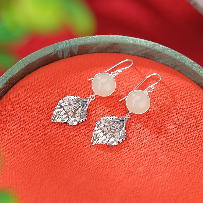 S925 Silver Hetian Jade Vintage - Round Bead Earrings With Elegant Leaf-Shaped Ear Hooks