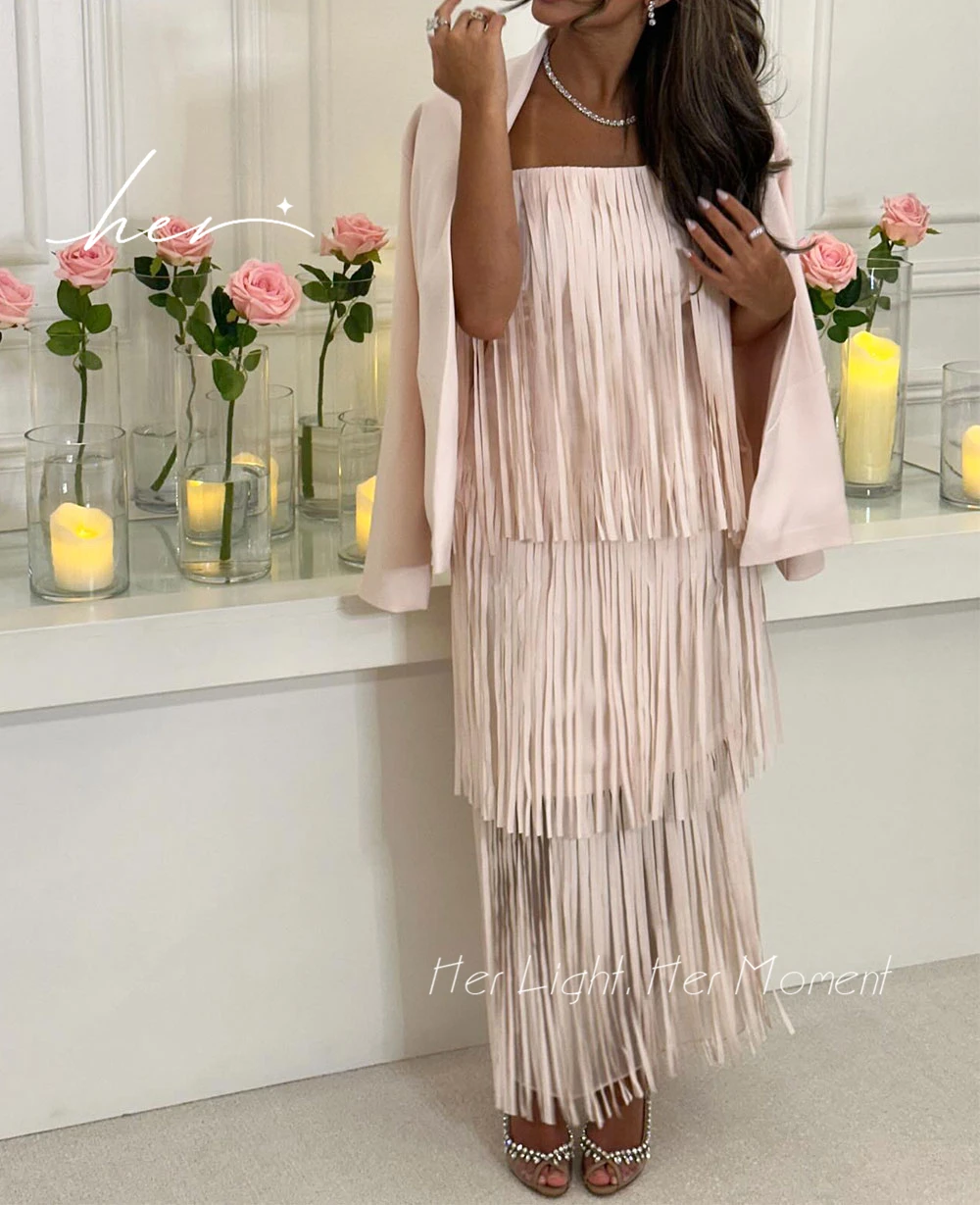 Elegant Blush Pink Fringe Evening Party Dress Set Strapless Tiered Tassel Formal Gown With Matching Blazer Wedding Guest Dress