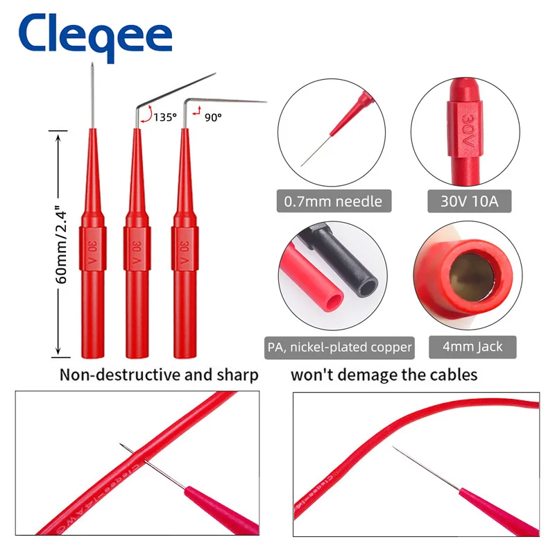 Cleqee P1920 Auto Back Probe Kit Alligator Clip to 4mm Banana Plug Multimeter Test Leads 10A Automotive Tools Set Boxed Cable