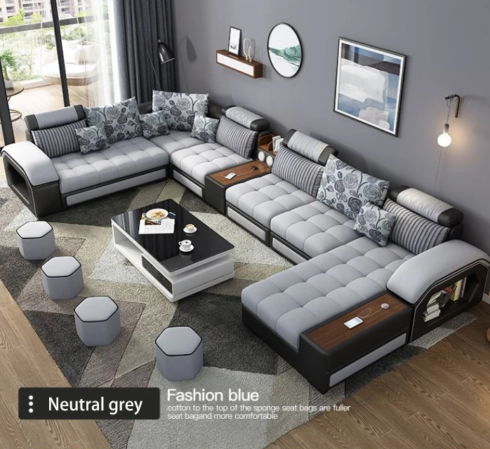 U Shape Fabric Sectional 7 Seater Living Room Sofa