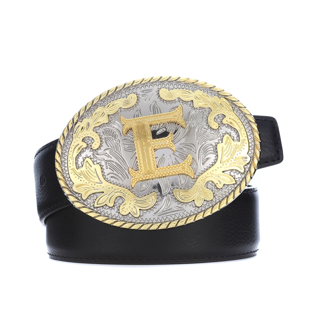 Western Belt Buckle Initial Letters ABCDEFG to Y-Cowboy Rodeo Gold Large Belt Buckle for Men and Women