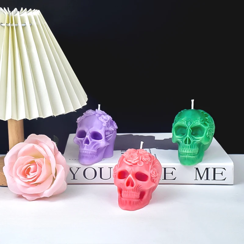 New Halloween Skull Silicone Candle Molds 3D Relief Flower Skull Crafts Resin Plaster Soap Making Mold Home Art Halloween Gift
