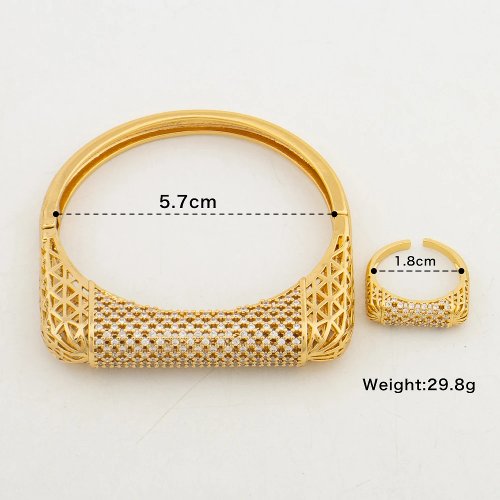 Fashion Gold Color Cuff Bangle Ring Micro Inlaid Crystal Bracelet Women Dubai Arab Jewelry Set Daily Wear Ethiopian Jewellery