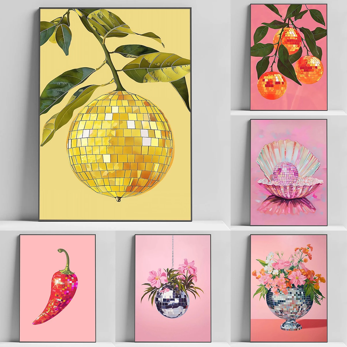

Retro Trendy Fruit Disco Ball Orange Mirrorball Creative Poster Decorative Wall Canvases Home Living Room Decoration Gift Decor