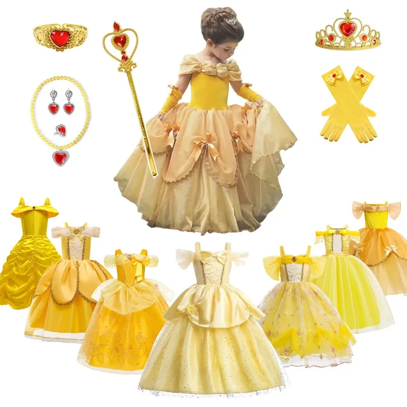 2024 Cosplay Belle Princess Dress Girls Beauty and the Bestiality Carnival Party Costume Children Halloween Disguise Costume