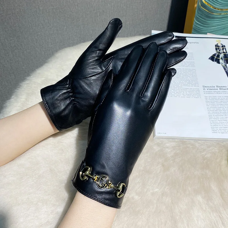 Women's Autumn and Winter 100% Genuine Leather Gloves Thickening Warm Riding Touch Screen Windproof Sheepskin Black Gloves