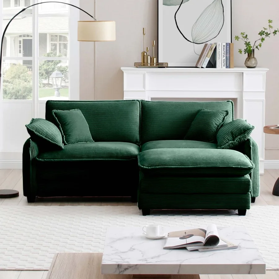 Zweisitzer-Sofa mit einer Fußstütze, L-förmiges 2-Sitzer-Sofa mit Ottomane für kleine Wohnräume, grüner Cord
