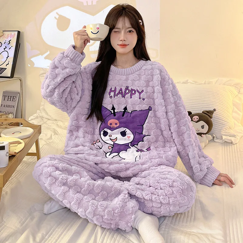 Cartoon Kuromi 2 Stuks Pyjama Set Kawaii Sanrio Anime Vrouwen Pluche Homewear Winter Dikker Lange Mouwen Broek Meisjes Leuke warm Houden