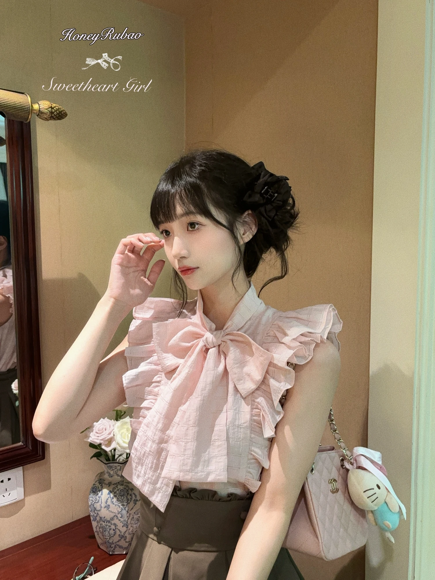 

Sweet Knot Tie Belted Small Flng Sve Lace Trimmed Chiffon Top Girl's Sle Loose Fit Polyester Fabric Summer 2025