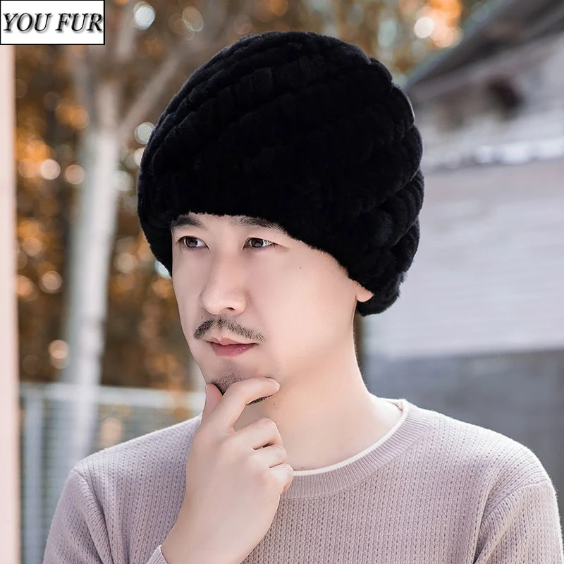 

Men winter hight quality real rex rabbit fur hat Outdoor keep wark fur hats Male hand knitted 100% natural rex rabbit fur cap
