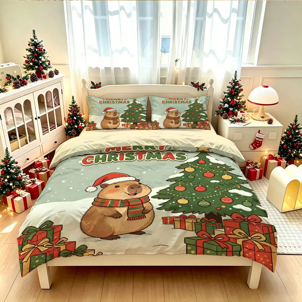 3pcs Scarf Capybara Christmas Tree Merry Christmas Bedding Set 1 Duvet Cover 2 Pillowcases No Comforter Included Soft Fabric