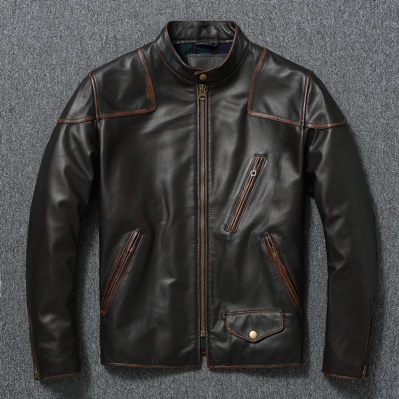 

Vintage American Sle Motorcycle Jaet Genuine Cowhide Leather Men's Clothing Dyeing inding Old Faioned Leather Coat