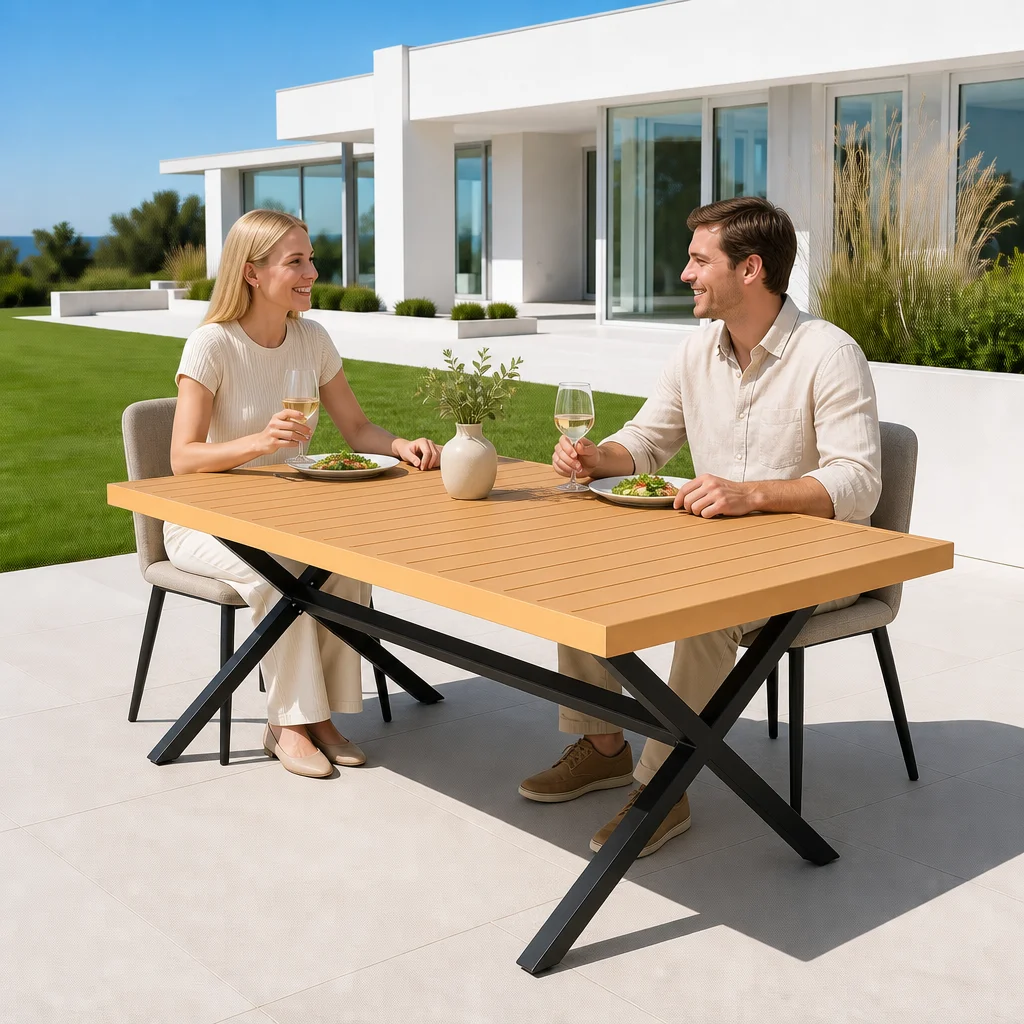 Matte Black Extendable Dining Table Honey Brown Wood Slatted Surface for Patio Garden Backyard Outdoor Entertaining