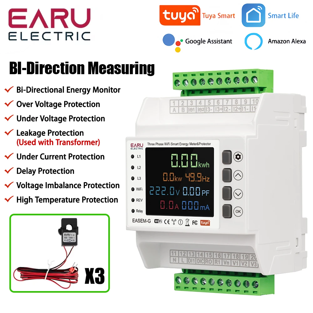 

Three Phase Tuya WiFi Smart Bi-Directional Energy Meter with 3 CT Clamps Leakage Over Under Voltage Protector Relay Switch Limit