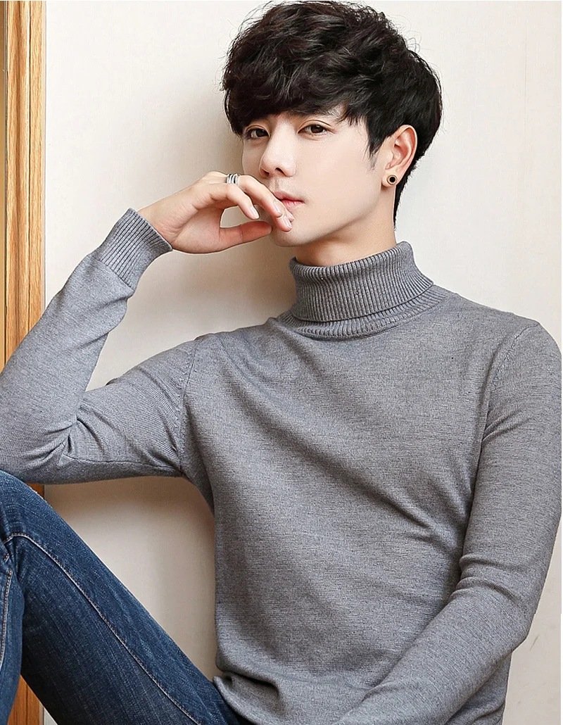 Black Turtleneck Men Knitted Sweater Classic Solid Color Casual Elasticity Pullover Sweaters Turtle Neck Long Sleeve