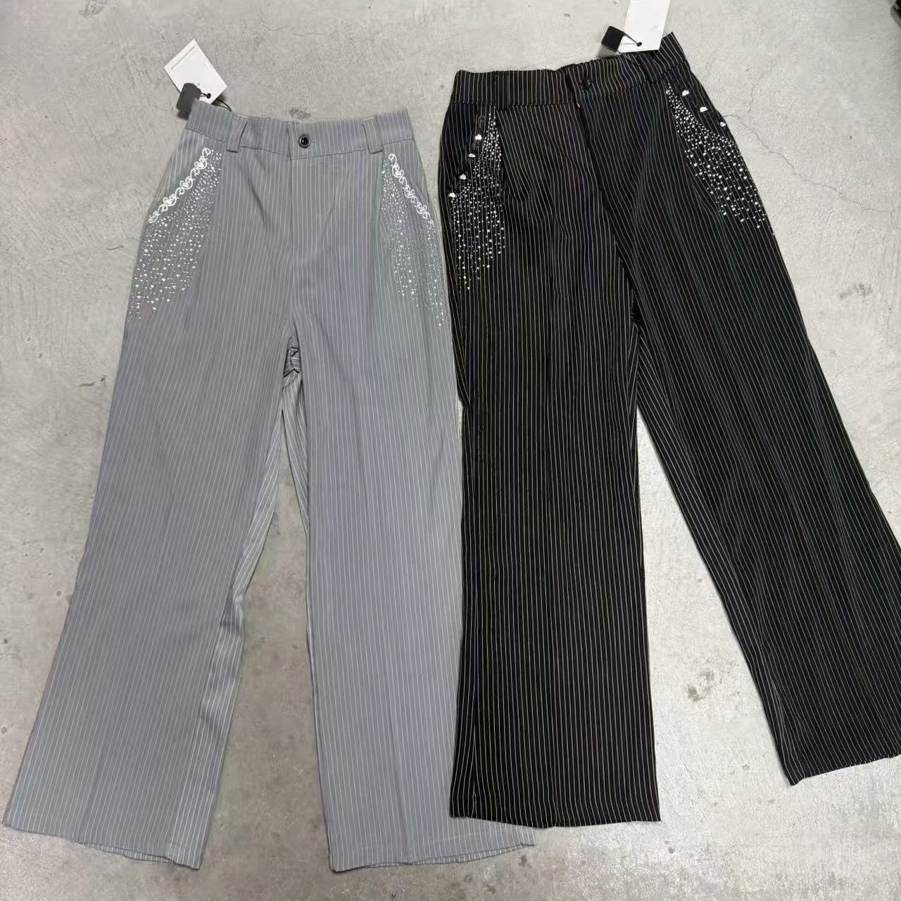 Retro Gray Pinstripe Wide Leg Dress Pants Unisex Rhinestone Embellished Pleating Flare Trousers Streetwear Baggy Casual Slacks
