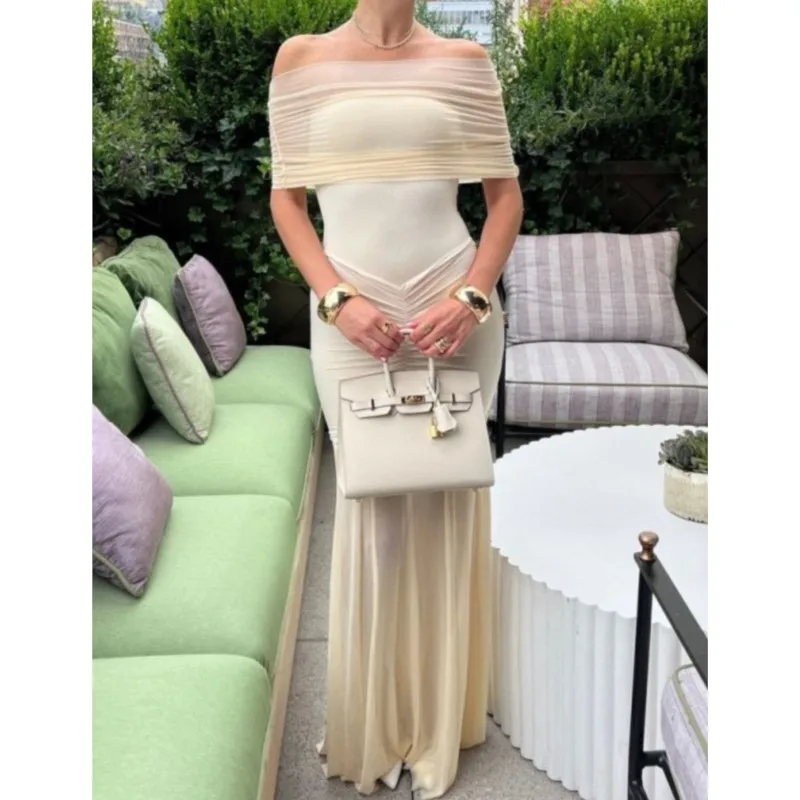 Femmes maille Patchwork une épaule longues robes Sexy sans manches plissé mince robe de soirée élégante solide robe de soirée automne robe