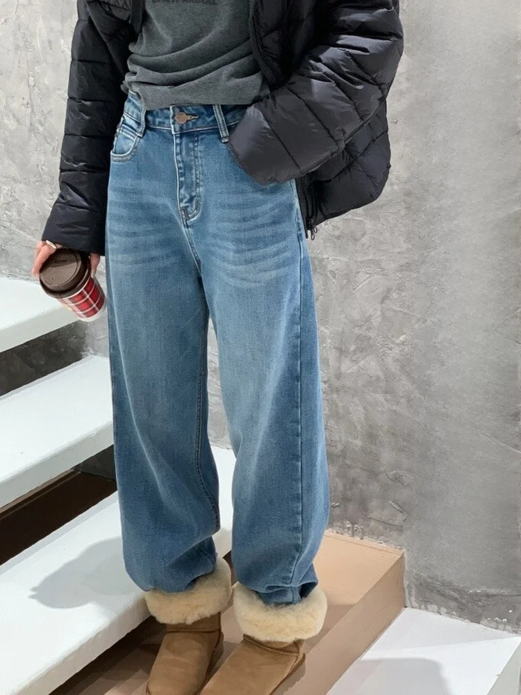 

Джинсы с высокой талией и широкими штанинами на флисовой подкладке, женские повседневные джинсы прямого кроя, осенне-зимние джинсы с эффектом похудения FEITA