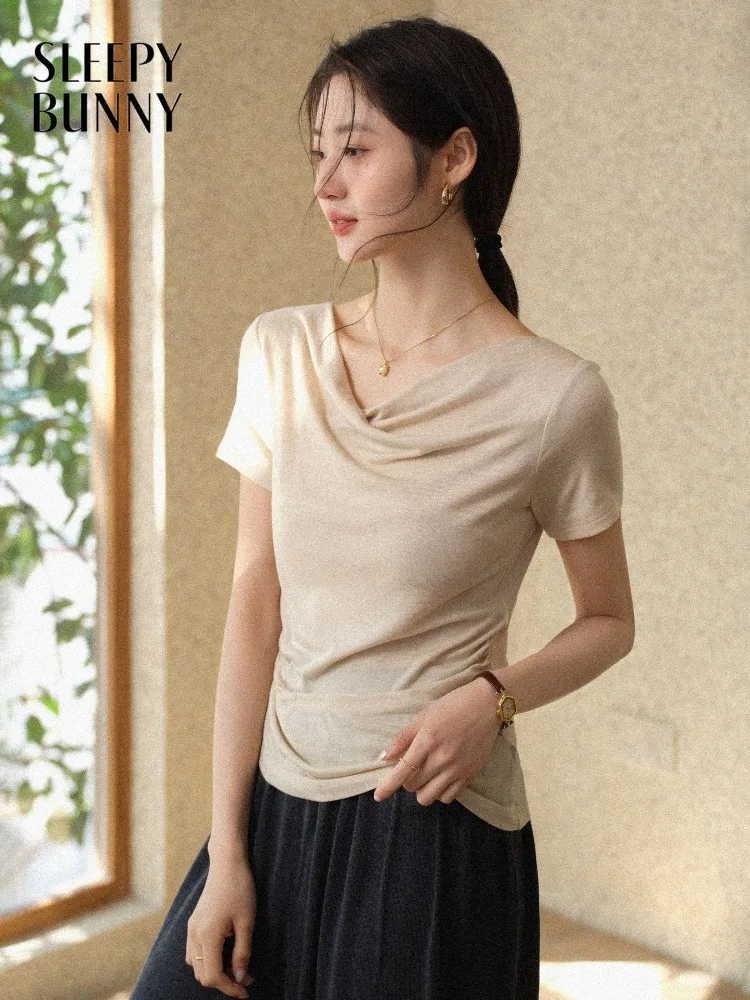 

Women Draped Cowl Neck T Shirt Elegant Slim Fit Short Sleeve Summer Casual Fashion Stretch Top Vintage Chic Daily Lady Soft Tee