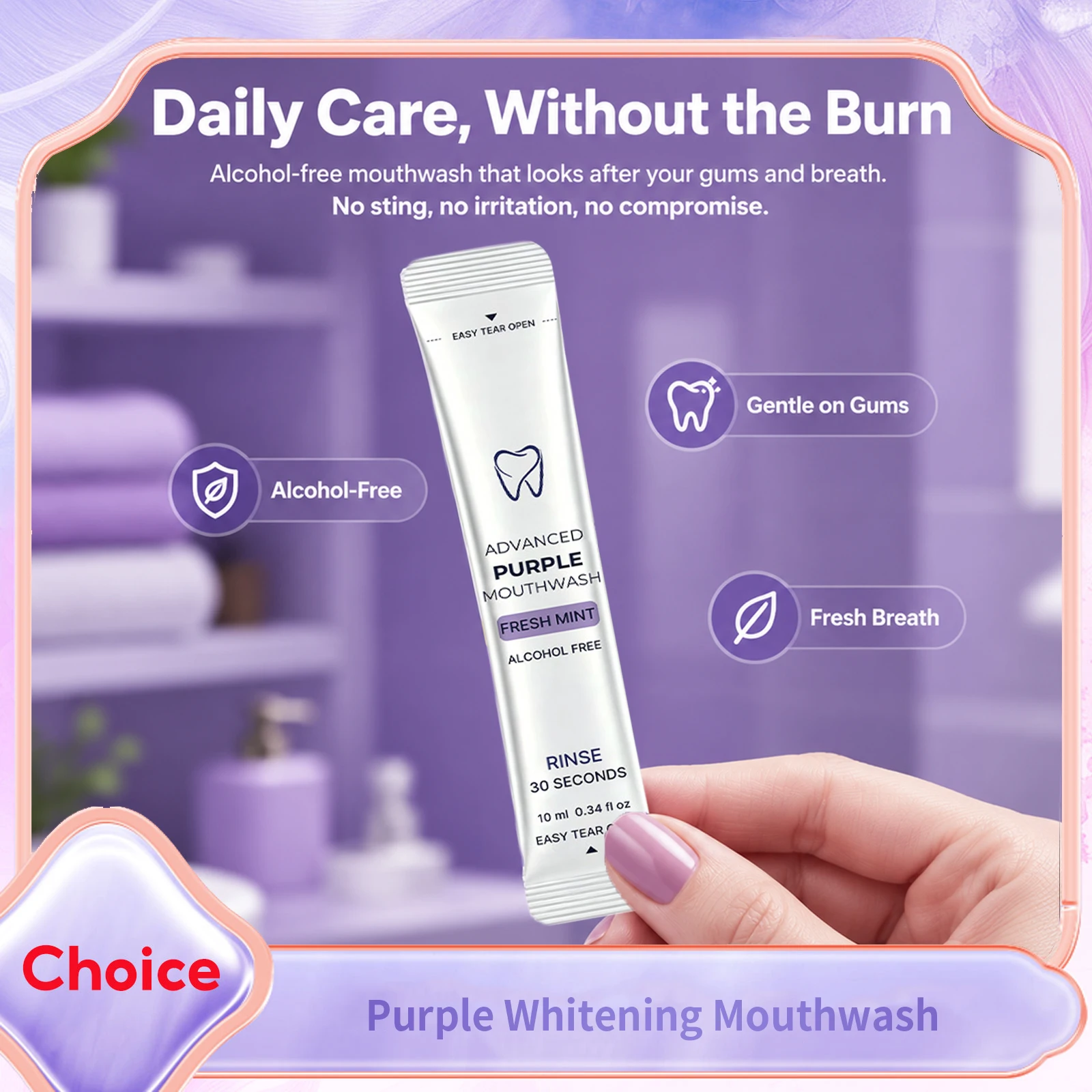 Disposable Purple Mouthwash Alcohol Free Fresh Breath Protect Enamel Vegan Friendly Support Gum Health Travel Mouthwash Sachets