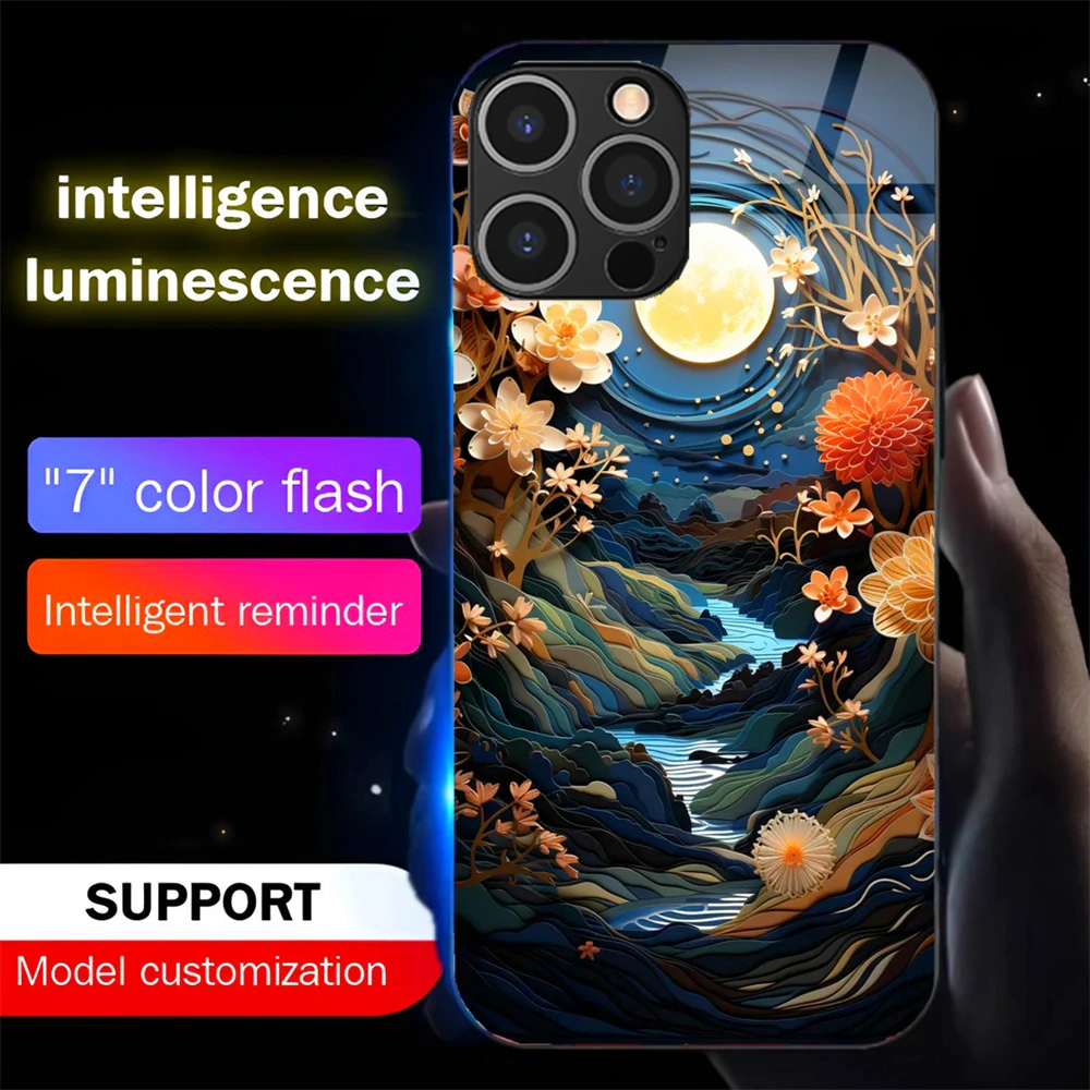

Classic Landscape Style Luminous Phone Case LED Light Glass Shockproof Cover For Samsung S25 S24 S23 FE S22 S21 S20 Plus Ultra