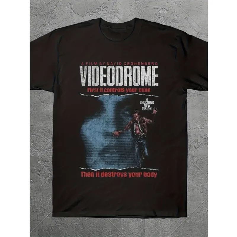 Videodrome d Cronenberg T-shirt - sci-fi horror movie T-shirt with iconic logo print, casual short sleeved shirt