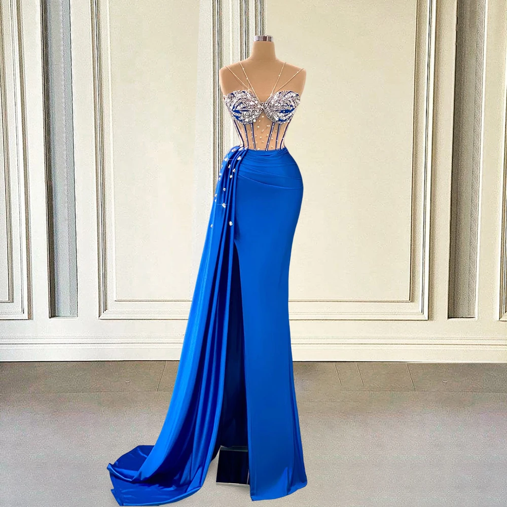 Glitter Beaded Blue Mermaid Long Prom Dresses for Graduation Party 2023 Sexy Sheer Mesh Gils Women Formal Evening Gown with Slit