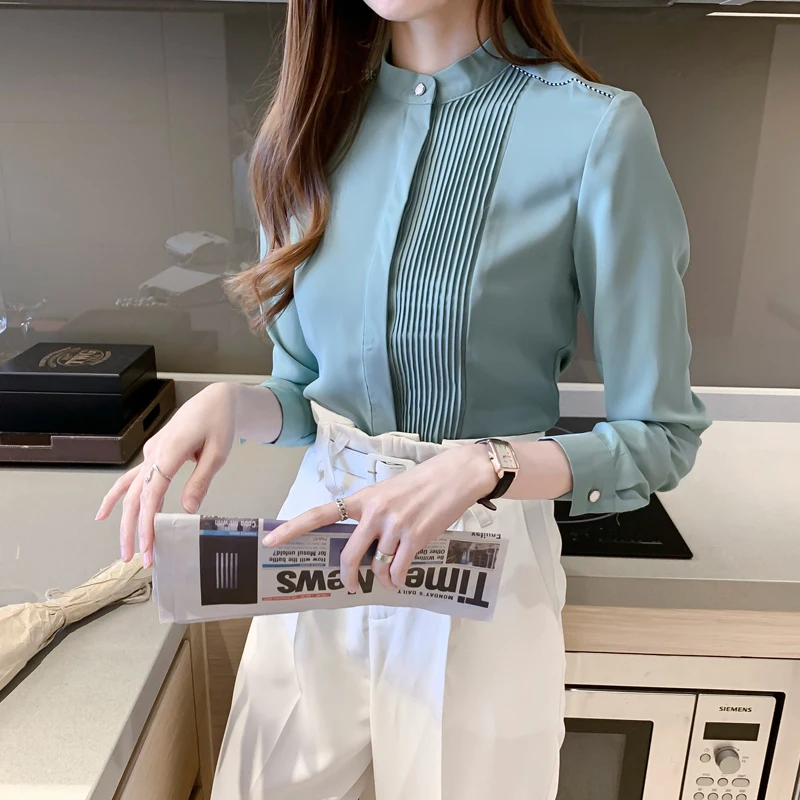 Spring Summer Fashion Solid Color Shirt Female Long Sleeve Commuting Irregular Chiffon Button Top Female White Shirt Women C028