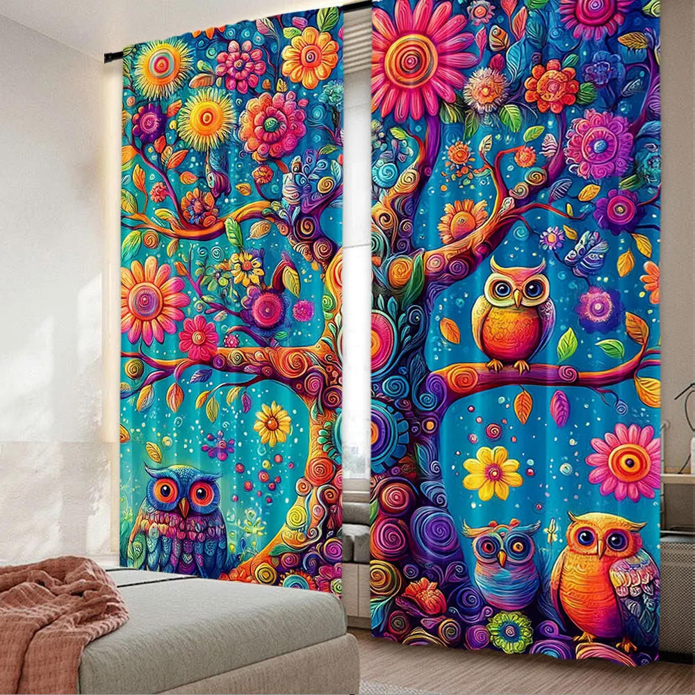 2Pcs Colorful Curtain Oriental Floral Atmosphere Tree With Jumbling Vines And Owls Suitable For Bedroom Bathroom Dining Room