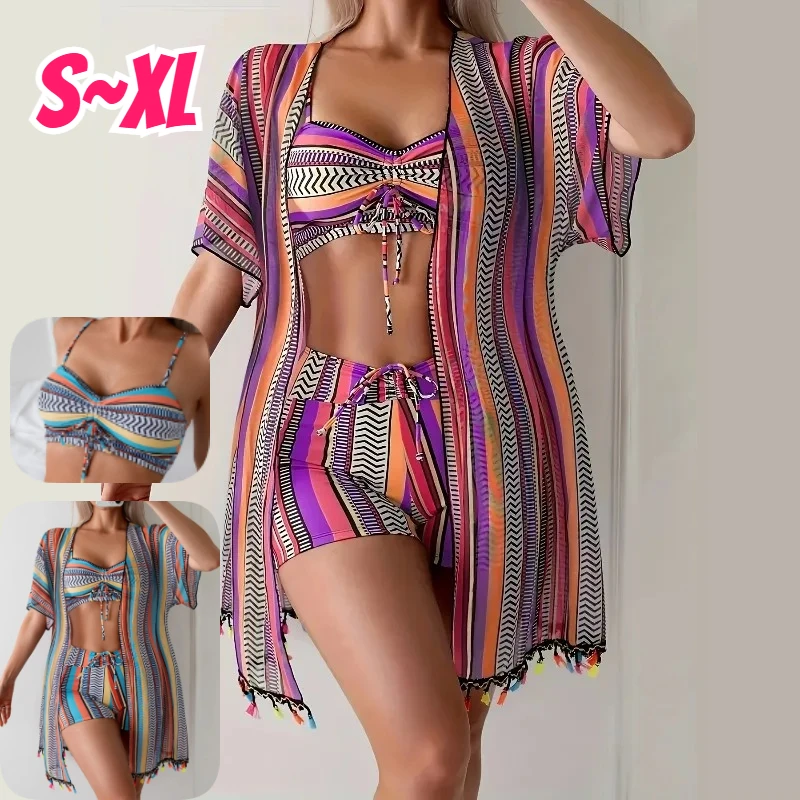Women's Striped Bikini Set 3 Piece Swimsuit with Shirt Cover Up All Over Print Stretch Fabric Summer Bathing Suit-NYQD