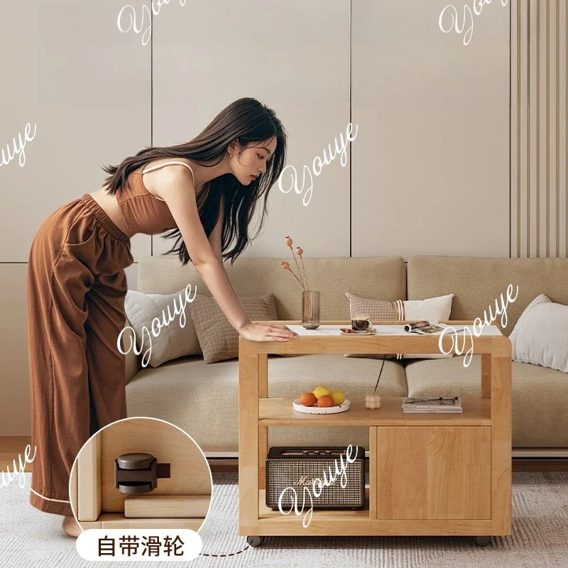 

XM Solid Wood Sofa Side Rock Slab Side Few Small Apartment Living Room With Wheeled Mobile Trolley Table Small Coffee Table Side