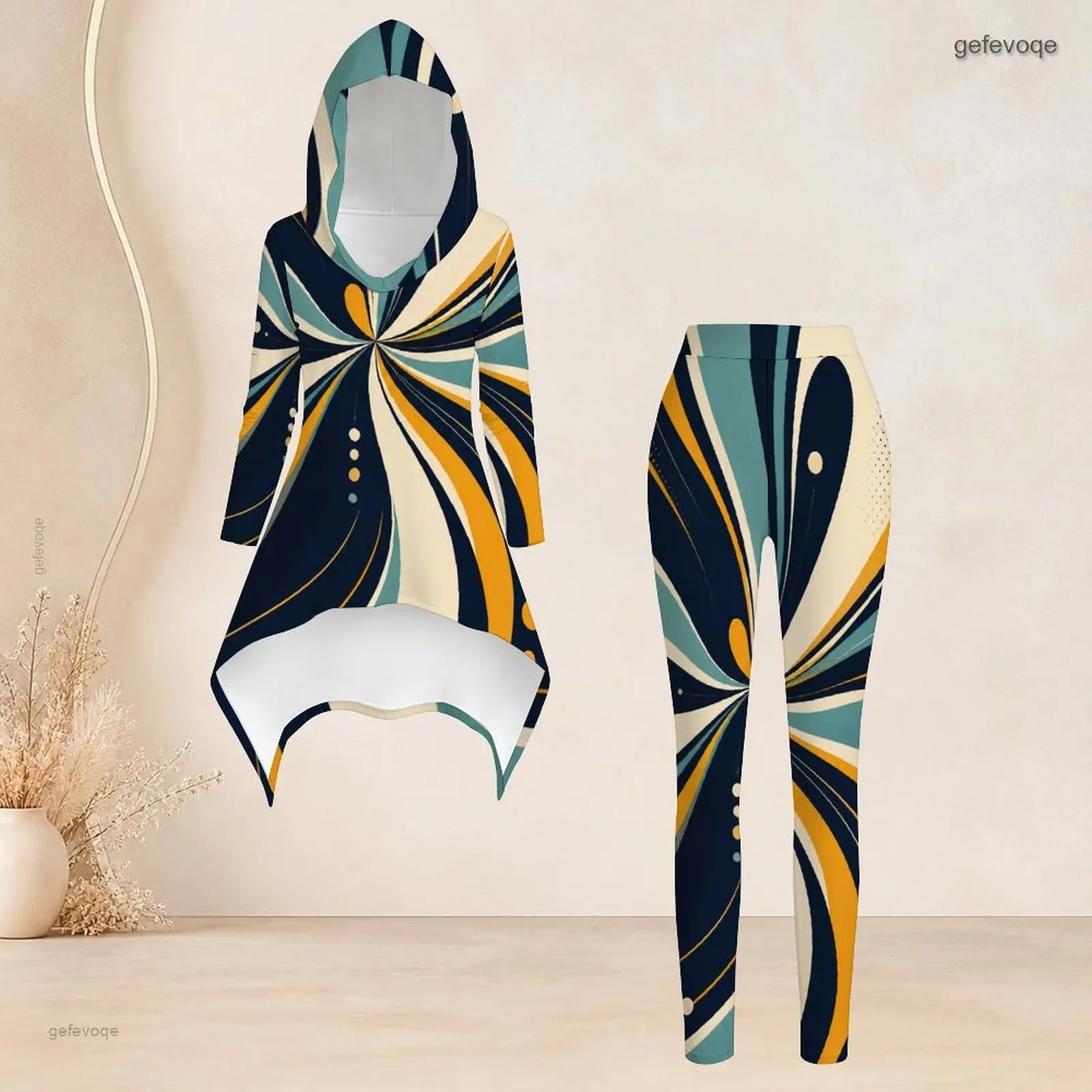 Women Black White Gray Patchwork Paisley Floral Printed Hooded Top And Leggings Two Piece Pants Set - view 5