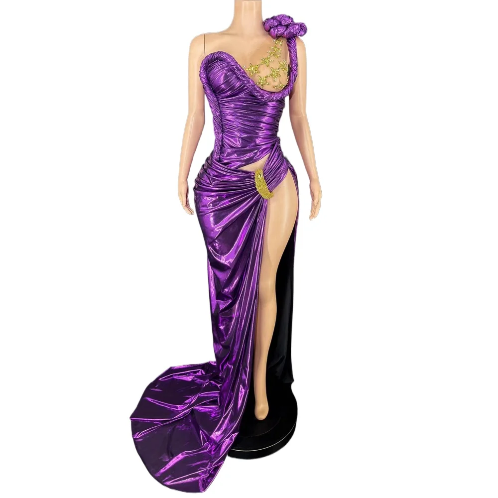 

Elegant Celebrate Evening Prom Event Birthday Dress for Women Sexy Single Shoulder High Split Rhinestones Skirt Photo Shoot Wear