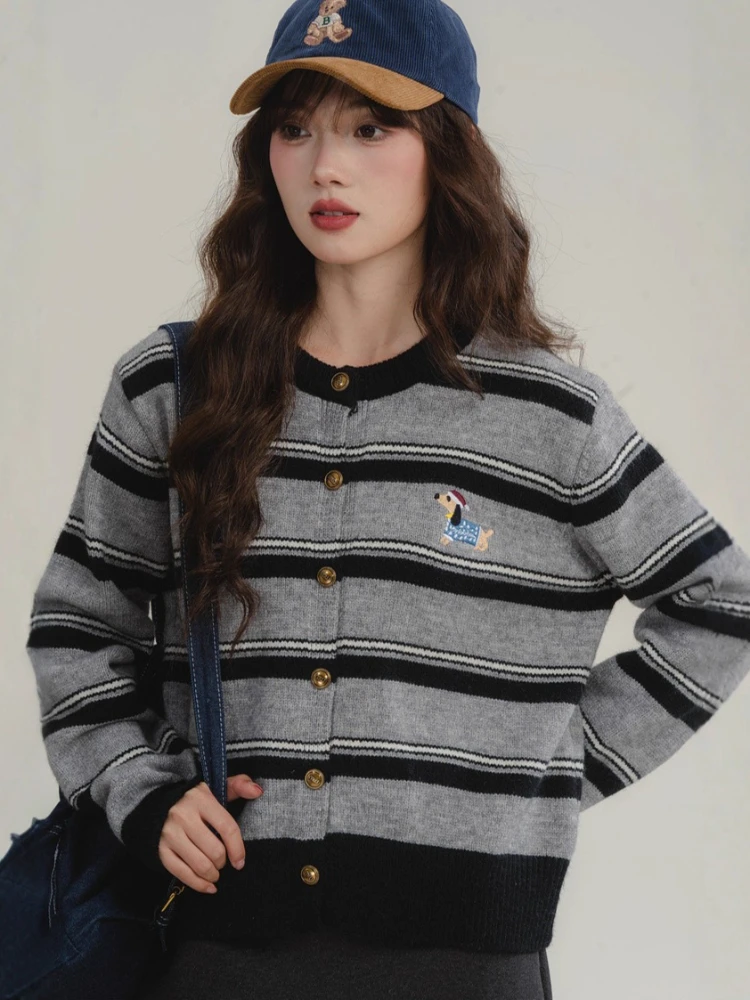 

2025 Autumn Winter Sweater Coat Women New Striped Embroidery Puppy Knitted Sweaters Cardigans Korean Style Casual Cardigans Tops